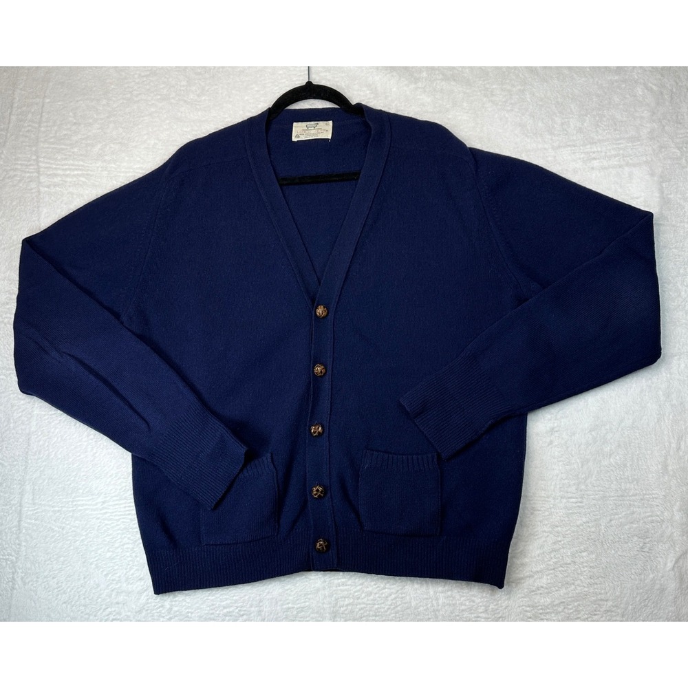 Lord Jeff Vintage Cardigan Sweater Mens XL Navy Blue 100% Virgin Lambswool